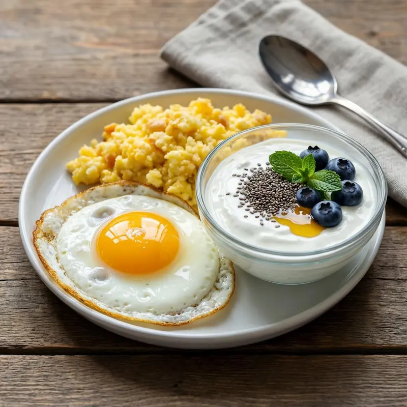 a healthy high-protein breakfast like eggs or yogurt